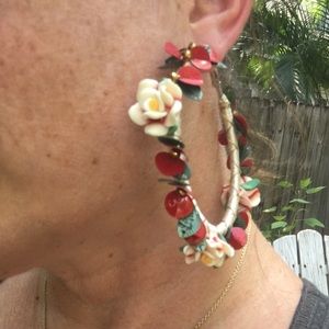 Rose Flower Beaded Statement Hoop Earrings